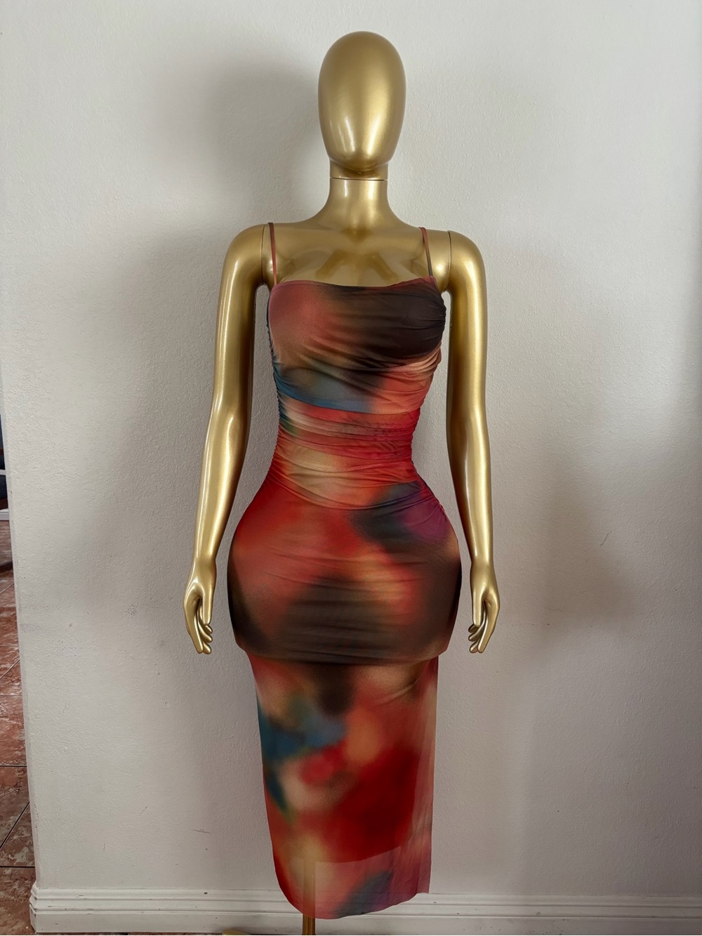 Women’s Multi-Color Bodycon Midi Dress - Sleek Spaghetti Strap Style